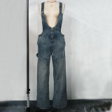 Wide Leg Digital Print Trousers Low Rise Strap women's denim overalls Jumpsuit