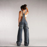 Wide Leg Digital Print Trousers Low Rise Strap women's denim overalls Jumpsuit