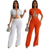 Trendy Short Sleeve Crop Top with Fitted Flare Pants Two-Piece Set