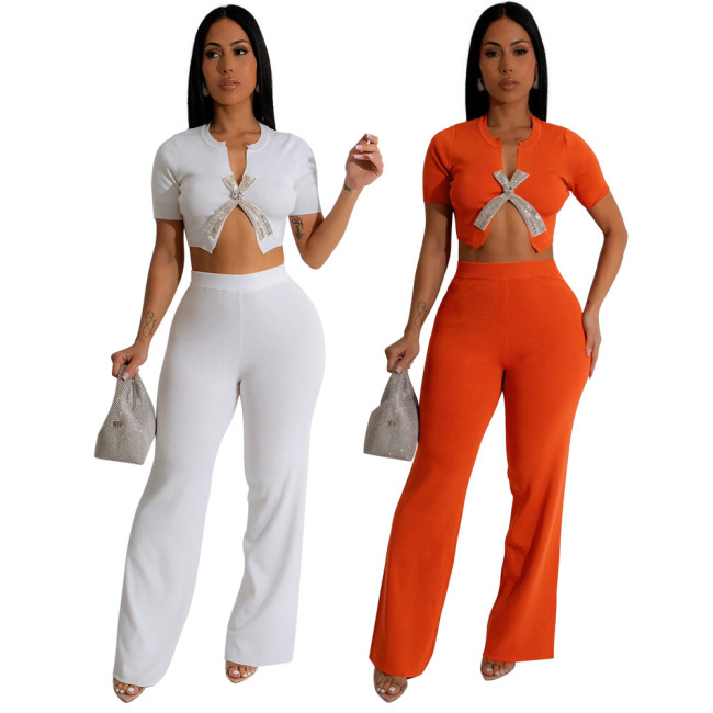 Trendy Short Sleeve Crop Top with Fitted Flare Pants Two-Piece Set