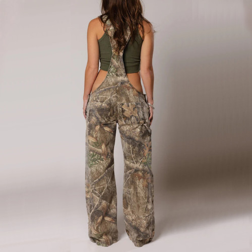 Wide Leg Digital Print Trousers Low Rise Strap women's denim overalls Jumpsuit