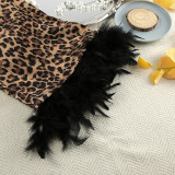 Feather-Trimmed Long Sleeve Leopard Print Deep V Sexy Nightgown with Belt