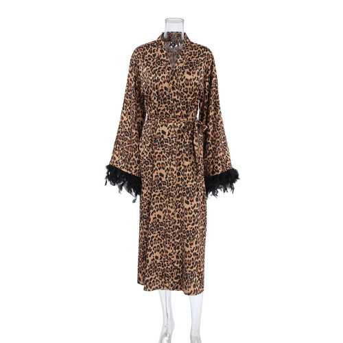 Feather-Trimmed Long Sleeve Leopard Print Deep V Sexy Nightgown with Belt