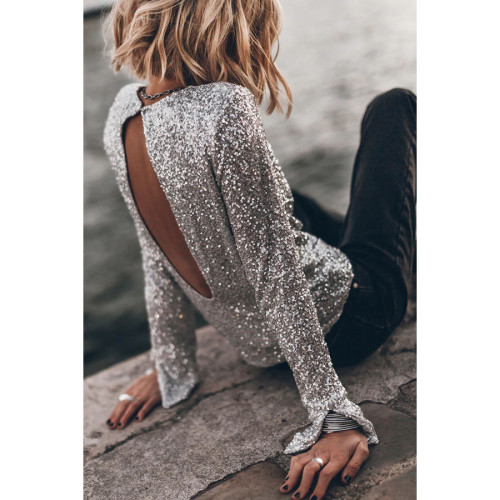 Sequin Long Sleeve Round Neck Top with Back Split