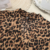 Feather-Trimmed Long Sleeve Leopard Print Deep V Sexy Nightgown with Belt