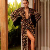 Feather-Trimmed Long Sleeve Leopard Print Deep V Sexy Nightgown with Belt