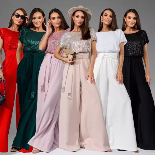 Sparkling Sequin Fashion Short Sleeve and Casual Long Pants Jumpsuit