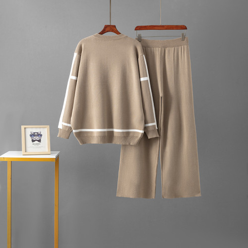 Color-Block Knitted Top and Wide-Leg Pants Set