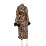 Feather-Trimmed Long Sleeve Leopard Print Deep V Sexy Nightgown with Belt