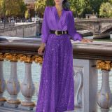 V-Neck Long Sleeve Jumpsuit with Sequin Wide-Leg Trousers