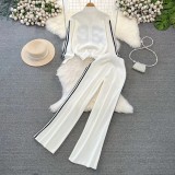 Long Sleeve Stand Collar Zip Knit Jacket & Slim Fit Wide Leg Pants Set