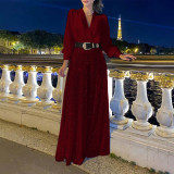 V-Neck Long Sleeve Jumpsuit with Sequin Wide-Leg Trousers