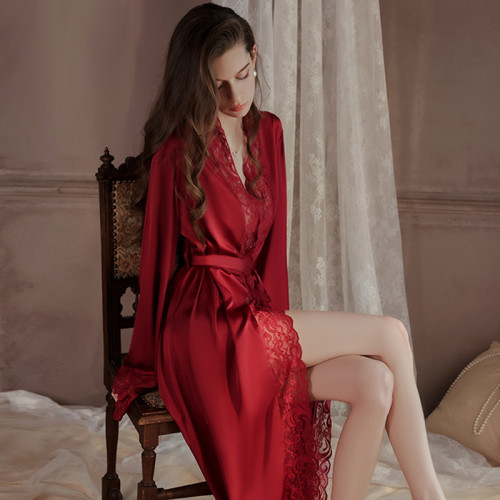 Long Lace-Trimmed Silk Sleepwear Robe Set for Women