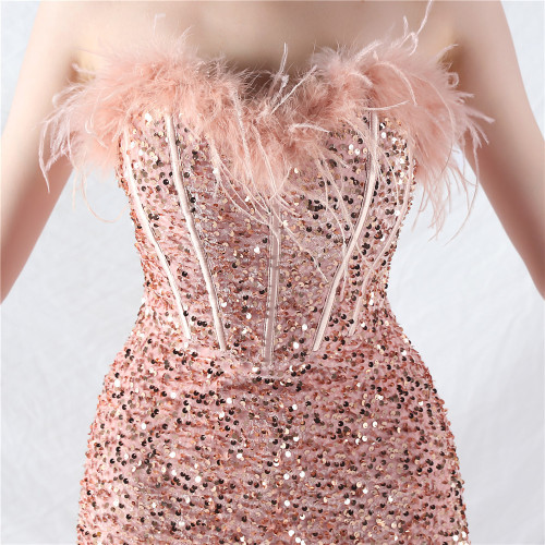 Ostrich Feather Embellished Evening Gown with Corset Waist