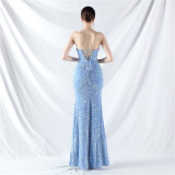Ostrich Feather Embellished Evening Gown with Corset Waist