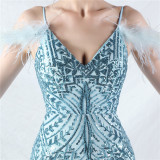 Handcrafted Ostrich Feather Evening Gown with Floral Beadwork