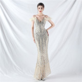 Handcrafted Ostrich Feather Evening Gown with Floral Beadwork