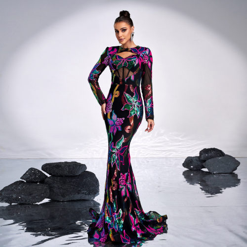 Long Sleeve Round Neck Hollow Out Sequin Mermaid Evening Gown