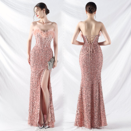 Ostrich Feather Embellished Evening Gown with Corset Waist