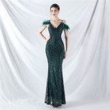 Handcrafted Ostrich Feather Evening Gown with Floral Beadwork