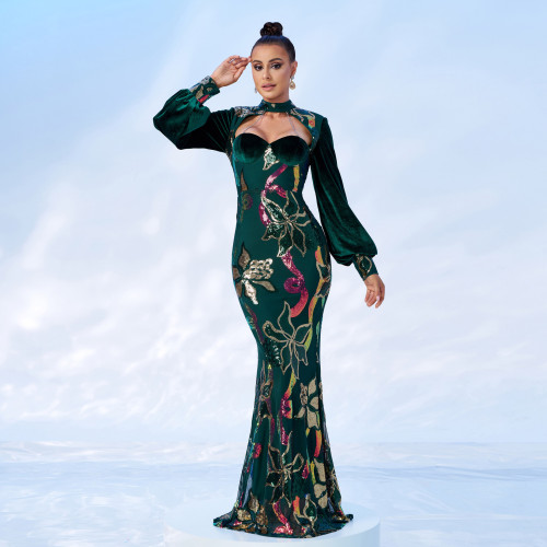 Round Neck Hollow Out Sequin Long Evening Gown