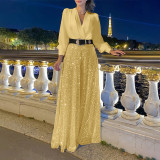 V-Neck Long Sleeve Jumpsuit with Sequin Wide-Leg Trousers