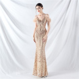 Handcrafted Ostrich Feather Evening Gown with Floral Beadwork