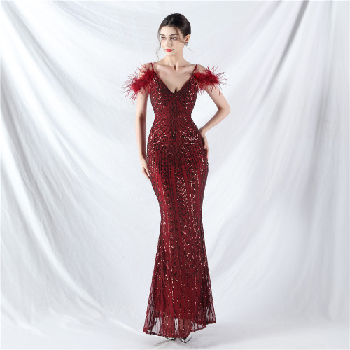 Handcrafted Ostrich Feather Evening Gown with Floral Beadwork