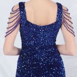 Velvet Sequin-Embellished Long Evening Gown