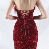 Ostrich Feather Embellished Evening Gown with Corset Waist