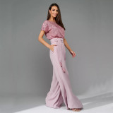 Sparkling Sequin Fashion Short Sleeve and Casual Long Pants Jumpsuit