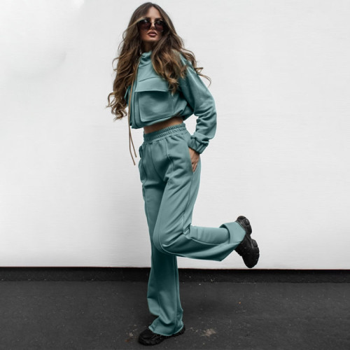 Solid Color Zip-Up Drawstring Long Sleeve Top & Pants Set