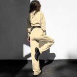 Solid Color Zip-Up Drawstring Long Sleeve Top & Pants Set