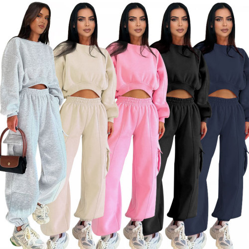 Crew Neck High-Waisted Sweatshirt & Pocketed Loose Pants Set