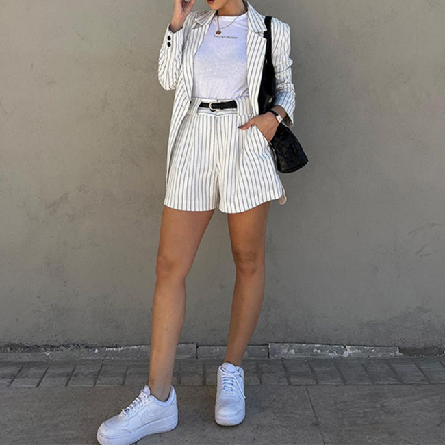 Striped Long Sleeve Blazer and Shorts Set