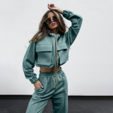 Solid Color Zip-Up Drawstring Long Sleeve Top & Pants Set