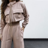 Solid Color Zip-Up Drawstring Long Sleeve Top & Pants Set