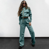 Solid Color Zip-Up Drawstring Long Sleeve Top & Pants Set