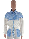 Striped Color-Block Long Sleeve Shirt & Casual Pants Set for Women