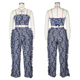 Tassel Tie-Front Bustier & Floral Print Pants Set for Women