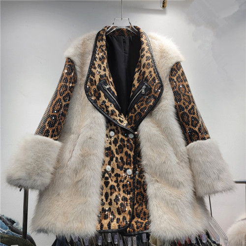 Sparkling Faux Fur Lapel Coat for Women