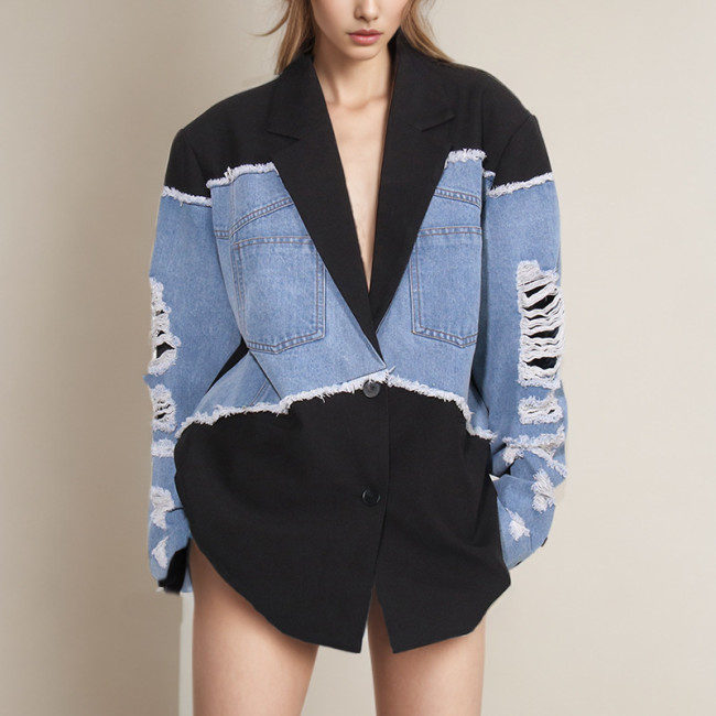 Color-Block Oversized Denim Jacket for Women