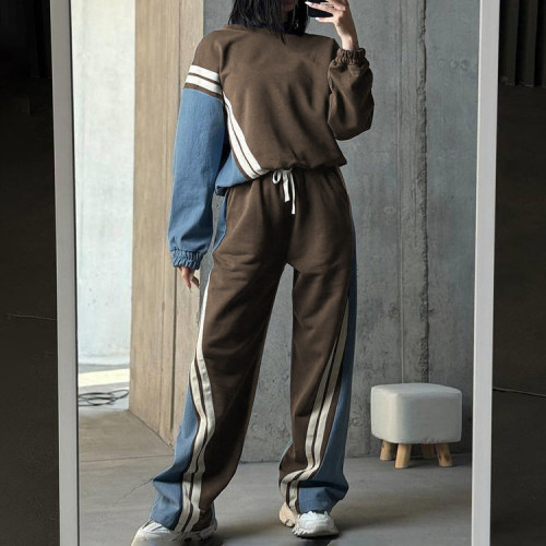 Dynamic Color Block Striped Pullover Top & Drawstring Pants Hoodie Set