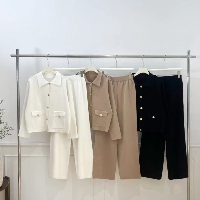 Fashionable Polo Collar Button-Up Knit Long Sleeve Top and Solid Wide-Leg Pants Set