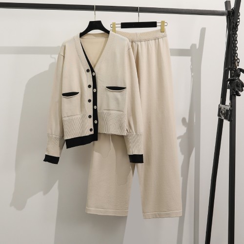 Faux Two-Piece Knit Top & High-Waisted Loose Slimming Pants Set