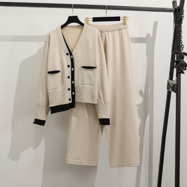 Faux Two-Piece Knit Top & High-Waisted Loose Slimming Pants Set
