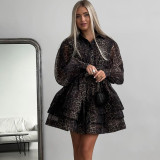 Leopard Print Chiffon Long Sleeve Dress with Flared Collar