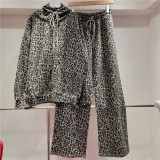 Leopard Print Hooded Casual Set with Rhinestone Detail