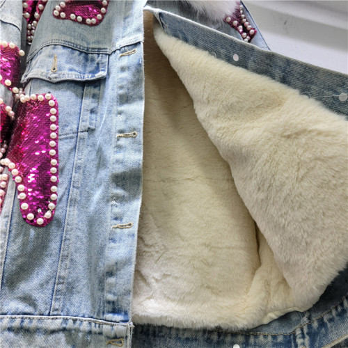 Faux Fur-Lined Denim Jacket with Cotton Padding
