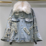 Faux Fur-Lined Denim Jacket with Cotton Padding